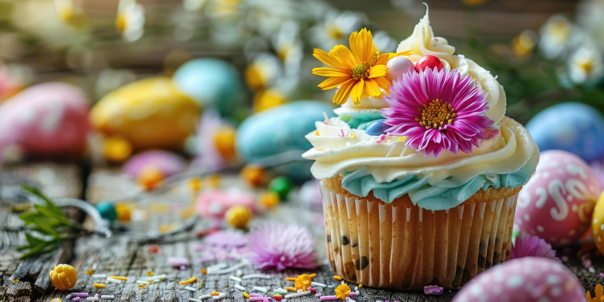 ai generiert Ostern Cupcakes festlich Ostern Nachtisch, dekoriert mit Mini Eier, Frühling Blumen, Raum zum Text foto