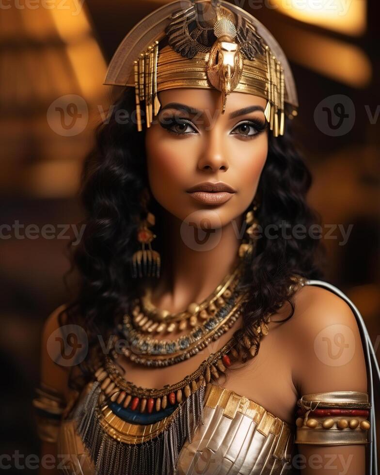 ai generiert Porträt von ein Frau geschmückt im uralt ägyptisch Stil Kleidung, einschließlich ein detailliert golden Kopfschmuck und ein erarbeiten Halskette foto