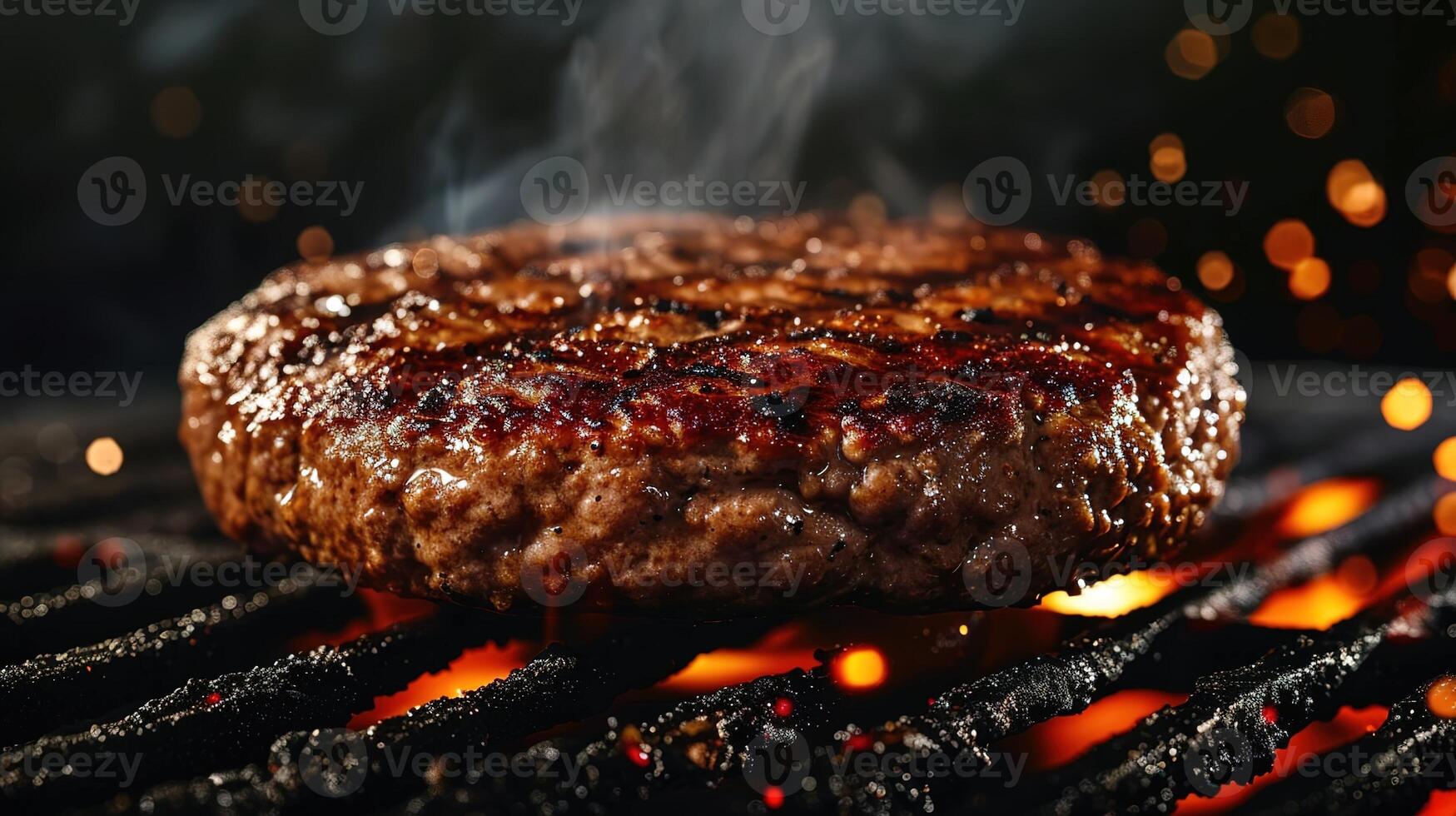 ai generiert Grillen Prozess Nahaufnahmen von das Burger Pastetchen brutzelnd auf das Grill Entwicklung von ein Bohnenkraut Kruste foto