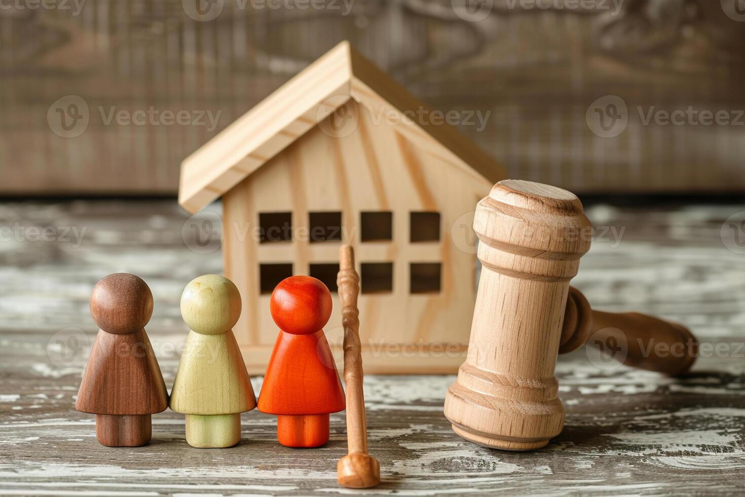 ai generiert hölzern Figuren von Eltern und Kinder Stand auf Tabelle in der Nähe von Spielzeug Haus und Richter Hammer foto
