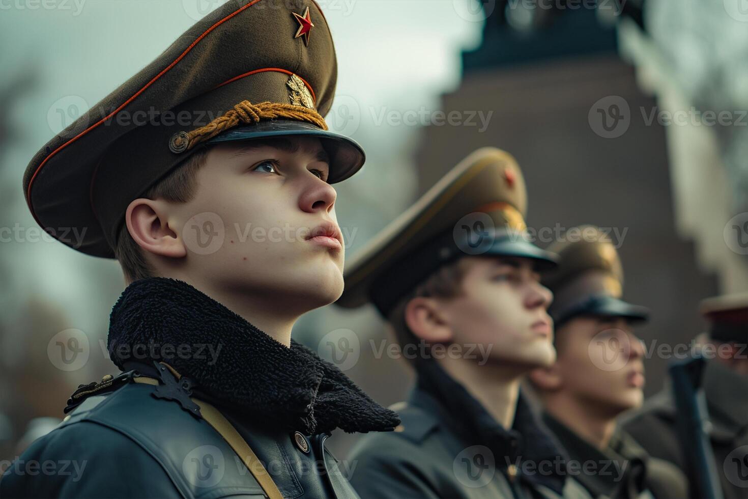 ai generiert besorgt Jugend Stand im das bewachen von Ehre im das Sieg Denkmal während das Feier von Sieg Tag foto