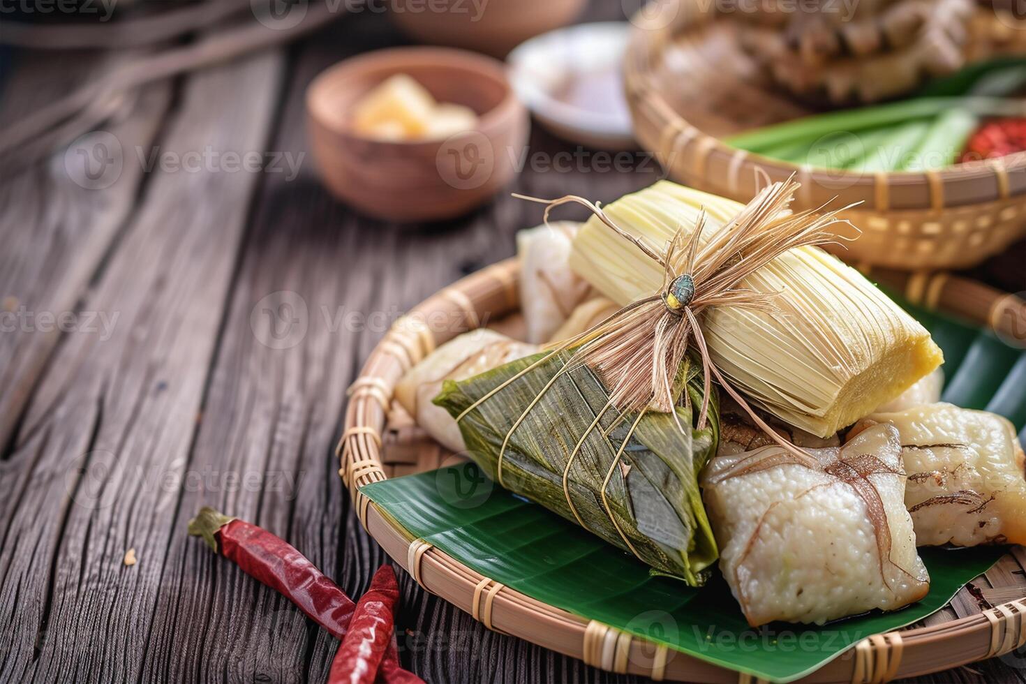 ai generiert Ketupat serviert mit verschiedene Besondere indonesisch Essen foto