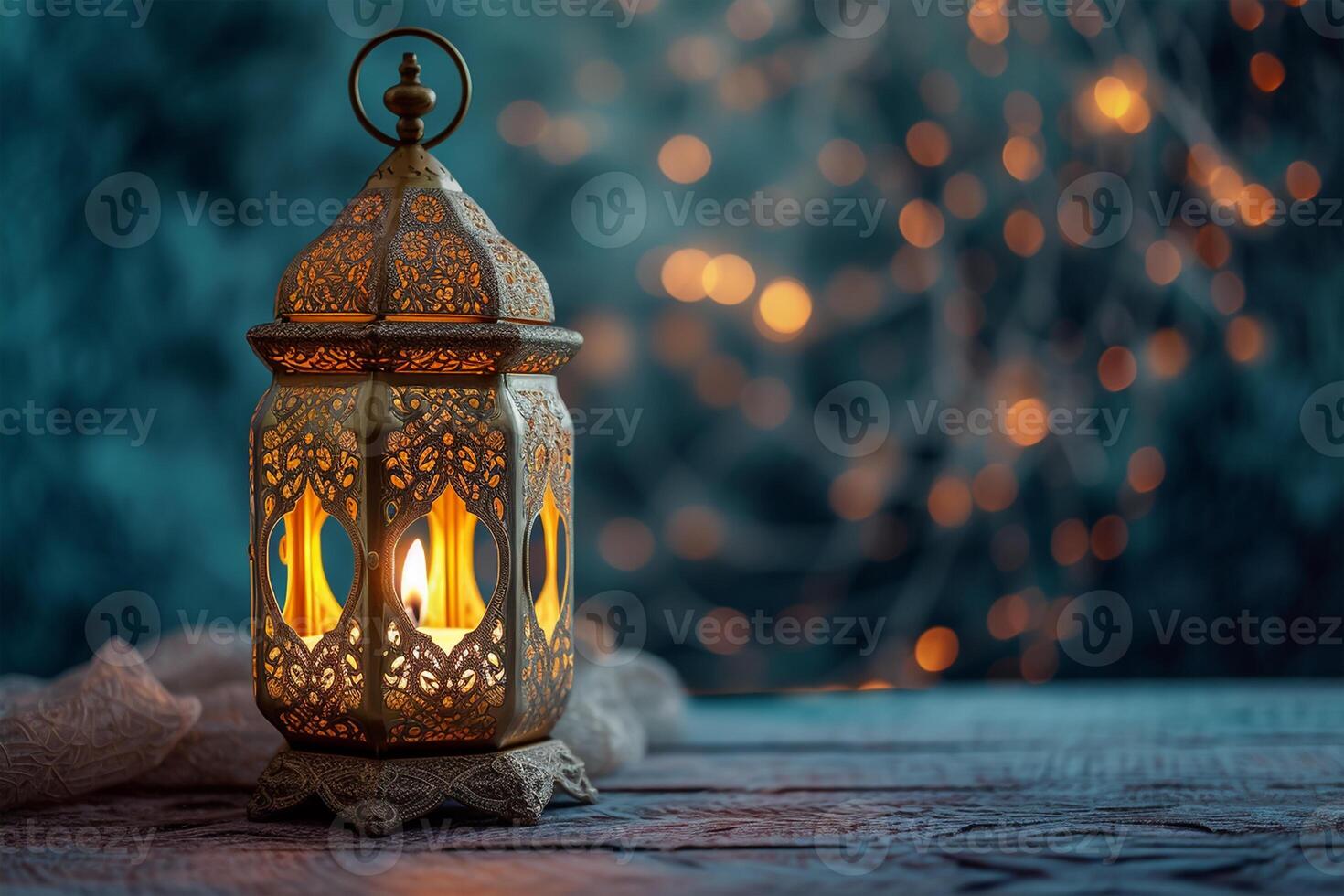 ai generiert Gold Ramadan Laterne und Kerzen. Lampe mit Arabisch Dekoration foto