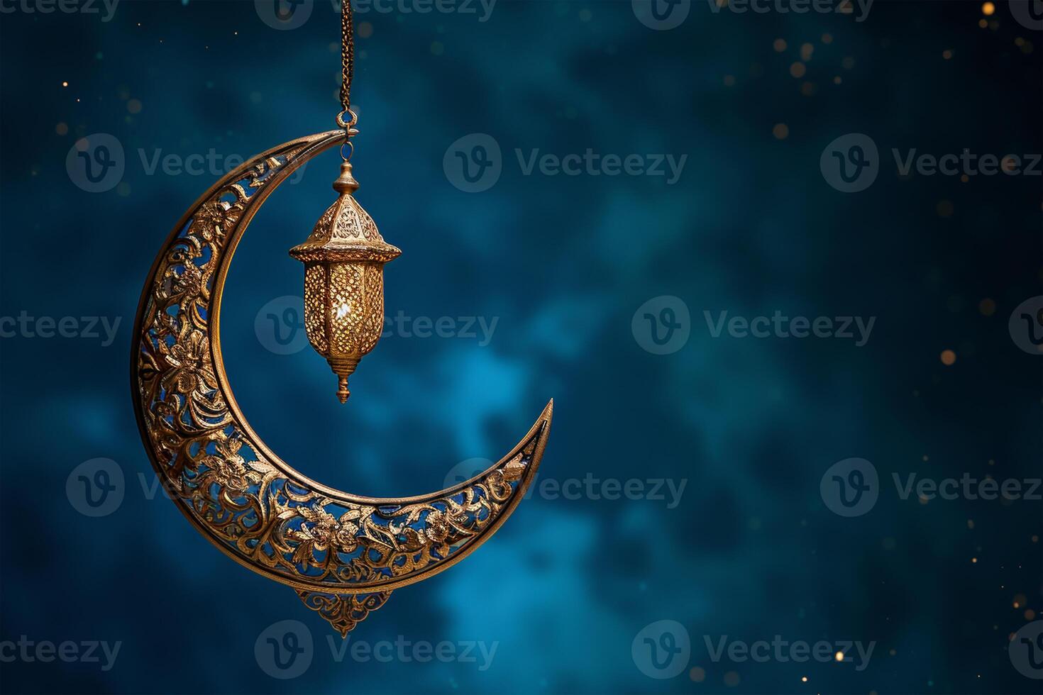 ai generiert aufwendig Halbmond Mond geschmückt mit ein hängend golden Laterne islamisch Konzept Hintergrund foto