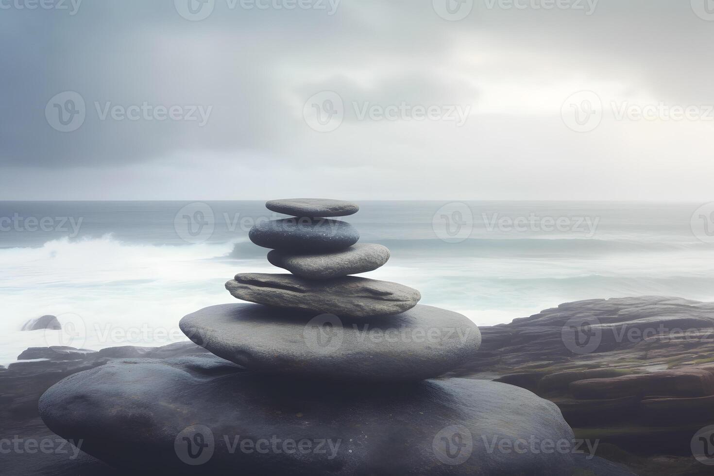 ai generiert Pyramide Steine Balance auf das Sand von das Strand. das Objekt ist im Fokus, das Hintergrund ist verschwommen. neural Netzwerk ai generiert foto