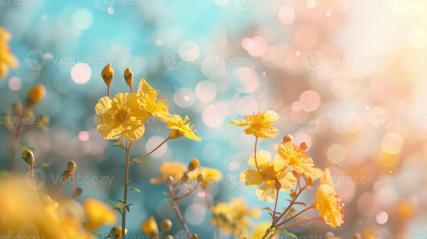 ai generiert Frühling Traum Gelb Blüten Bokeh Hintergrund foto