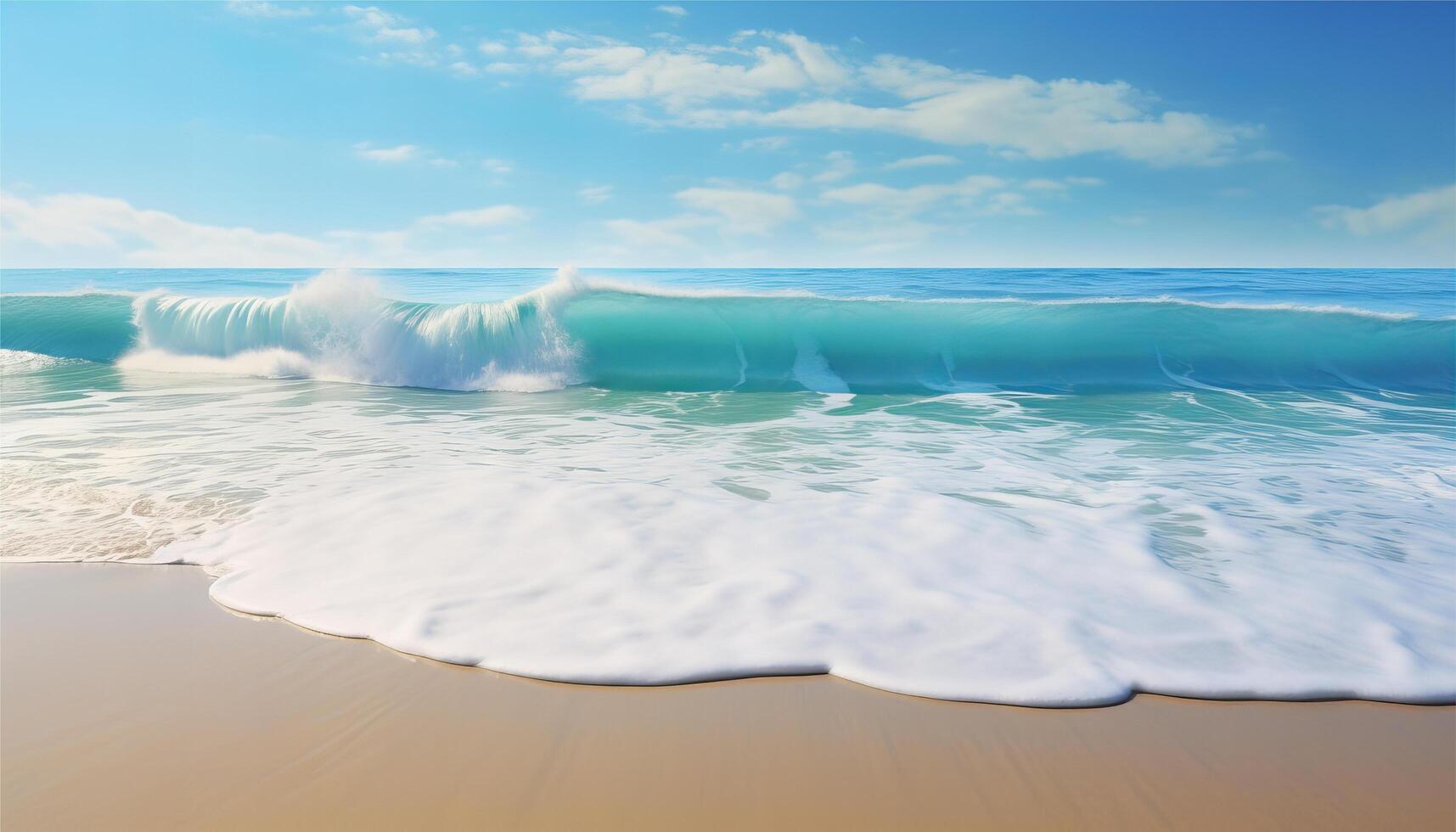 ai generiert schön sandig Strand und Sanft Blau Ozean Welle realistisch Fotografie foto