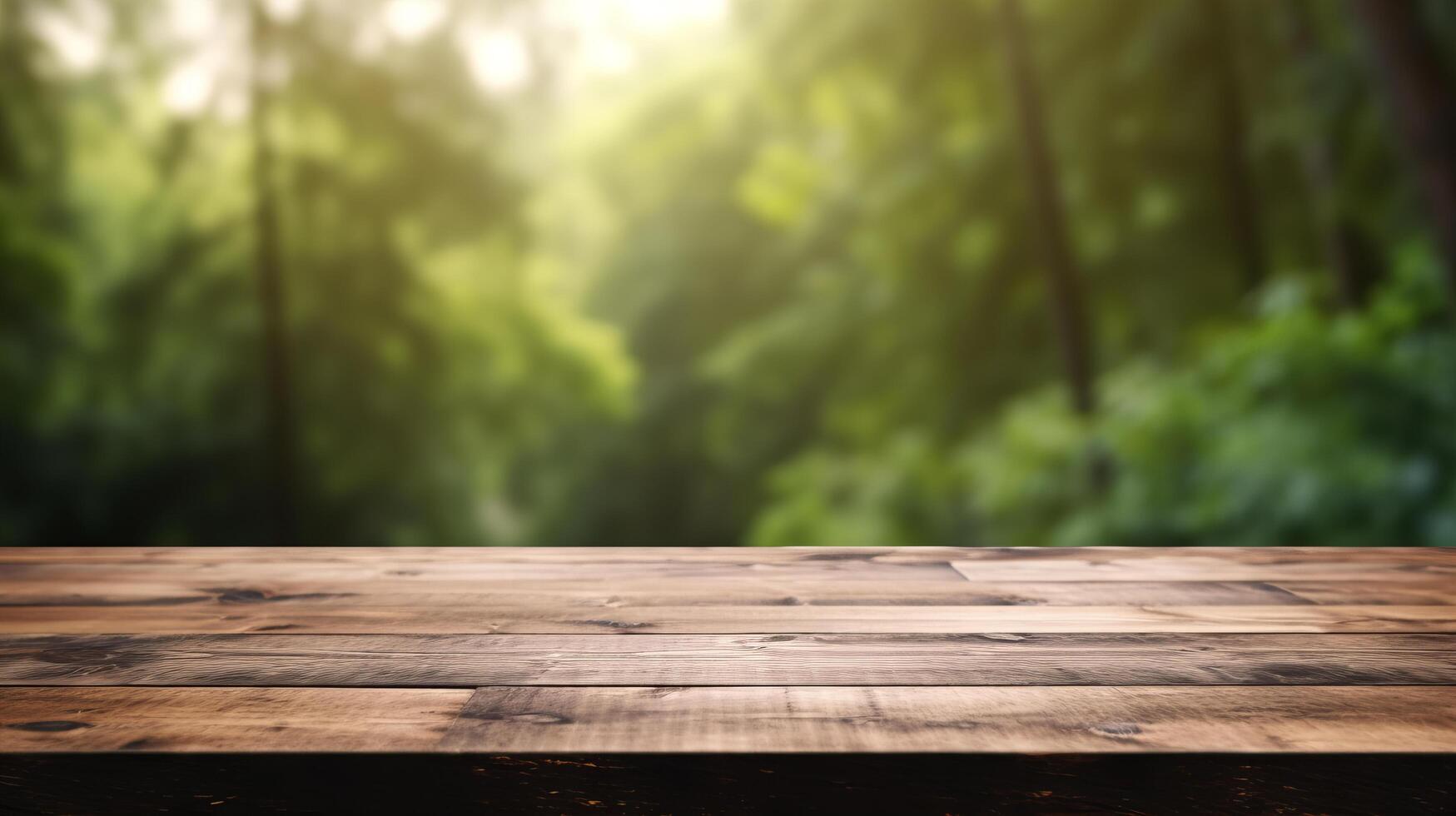 ai generiert Anzeige hölzern Tafel mit verschwommen Wald Hintergrund foto