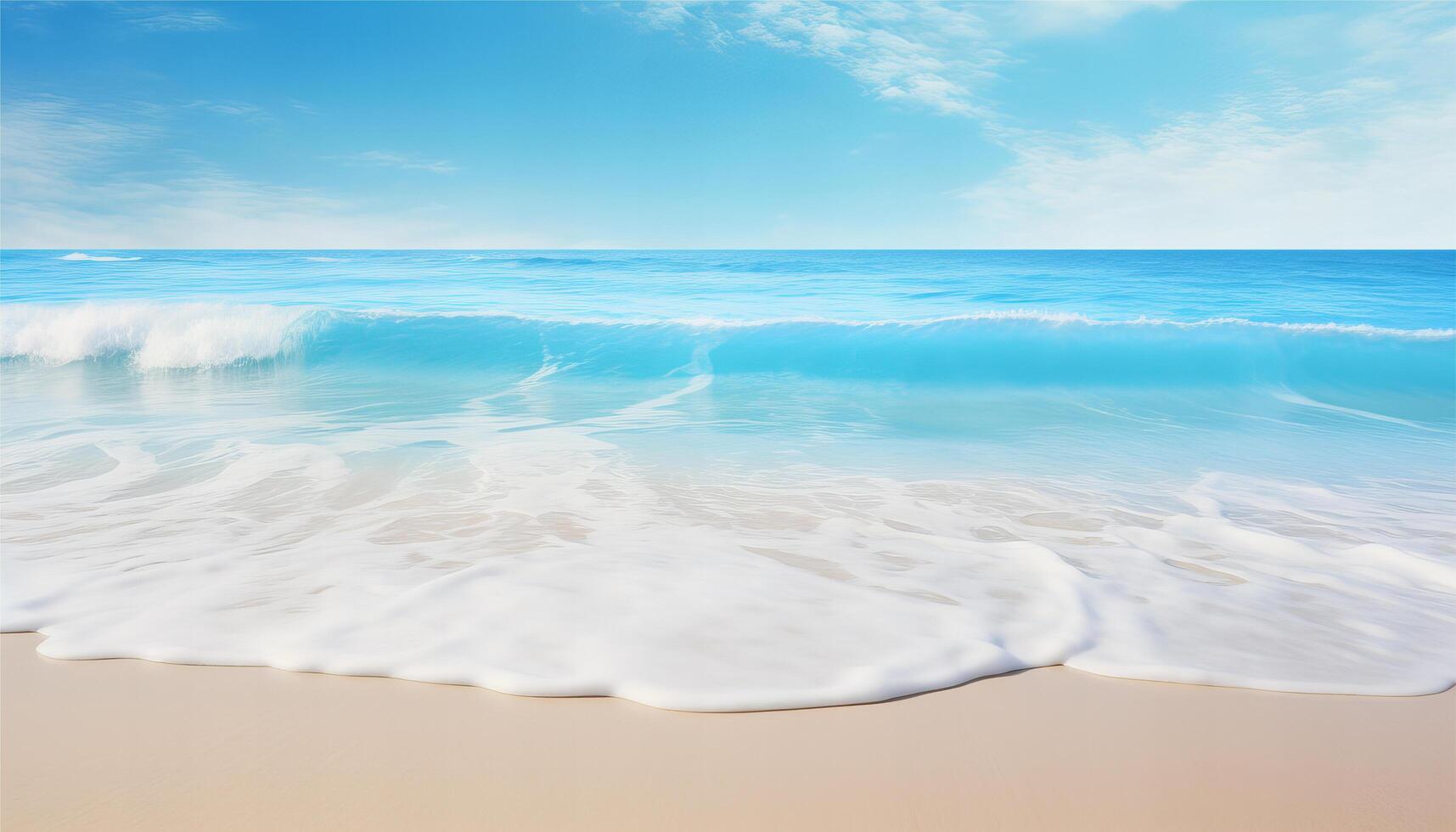 ai generiert schön sandig Strand und Sanft Blau Ozean Welle realistisch Fotografie foto