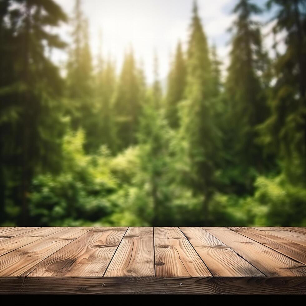 ai generiert Anzeige hölzern Tafel mit verschwommen Wald Hintergrund foto