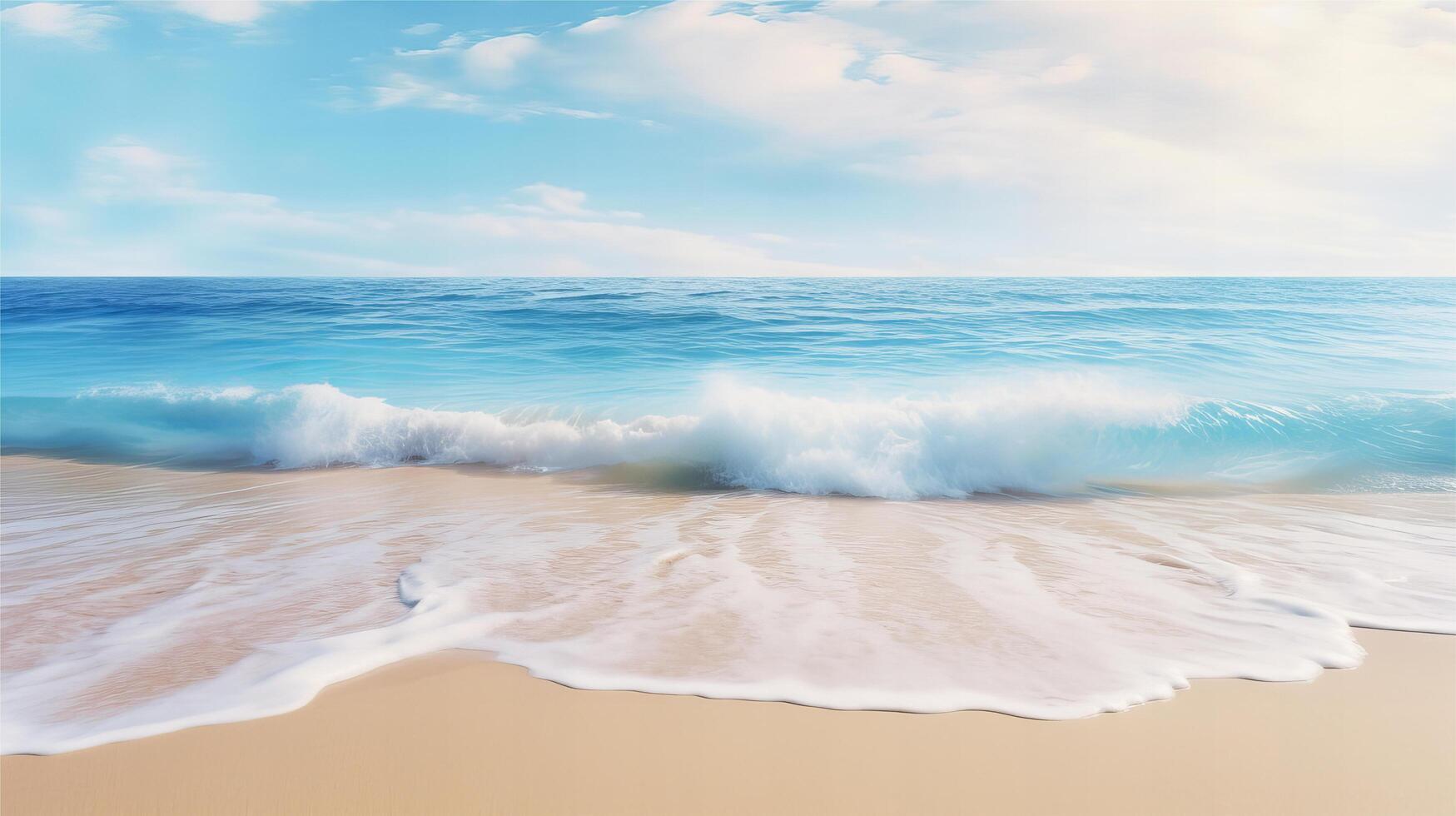 ai generiert schön sandig Strand und Sanft Blau Ozean Welle realistisch Fotografie foto