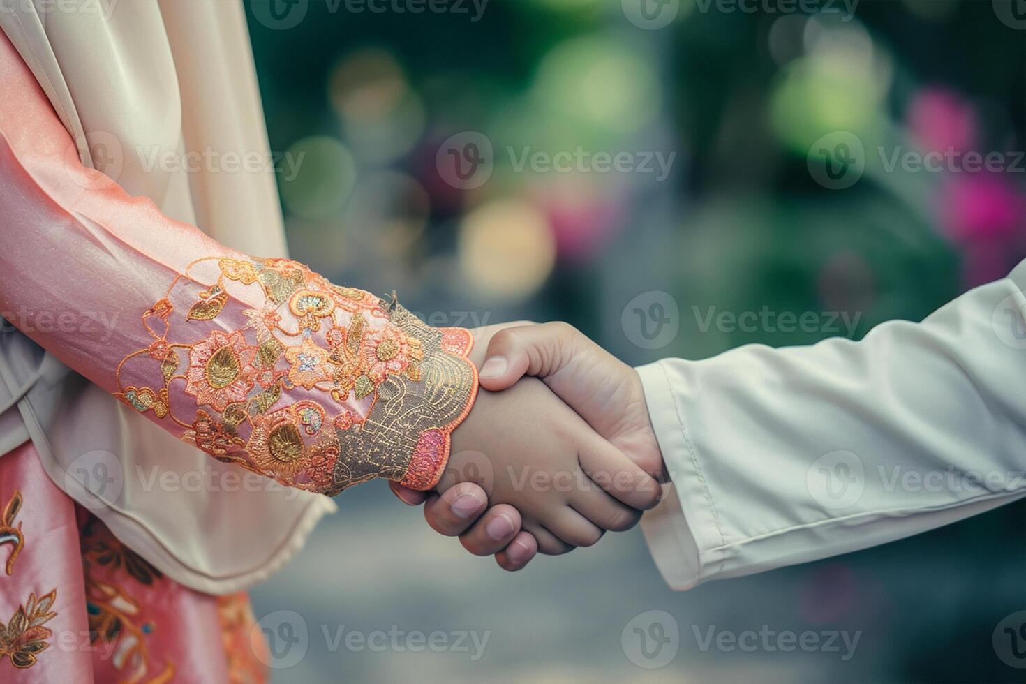 ai generiert asiatisch Muslim Elternteil Shake Hand im idul fitri eid Mubarak foto