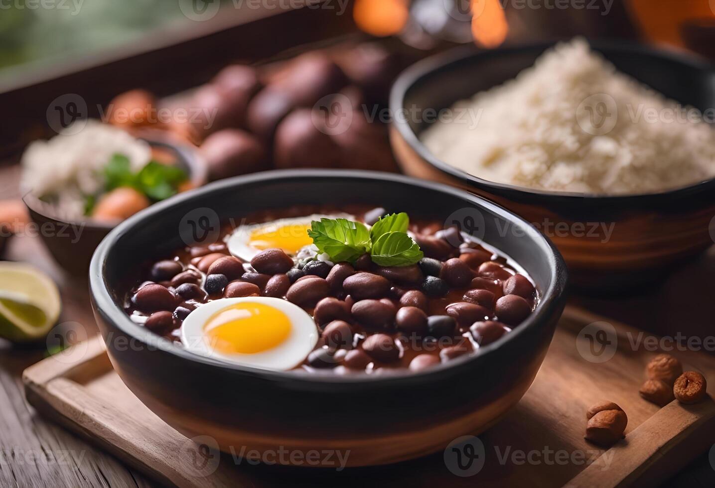 ai generiert Feijoada auf ein hölzern Tabelle im ein Lehm Schüssel foto