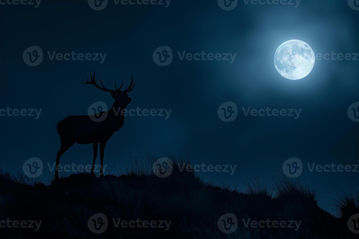 ai generiert Hirsch Silhouette auf ein Hügel im das Mondlicht, Welt Tierwelt Tag foto