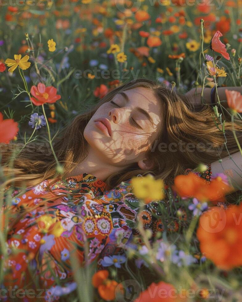 ai generiert Hippie Stil Frau im ein entspannend Pose Lügen auf ein schön Feld von Blumen foto