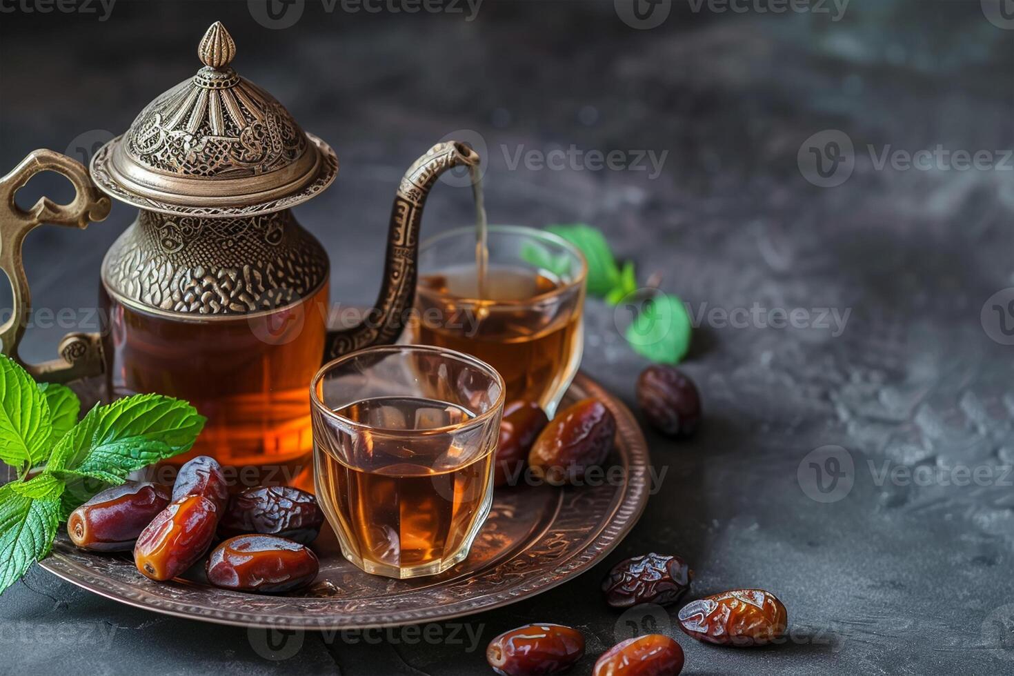 ai generiert Ramadan Tee und Termine Früchte auf dunkel Hintergrund foto