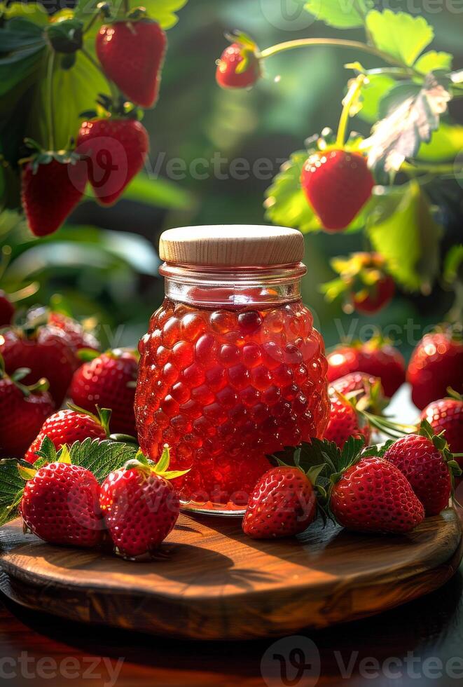 ai generiert Krug von Erdbeere Marmelade auf hölzern Tabelle im das Garten foto