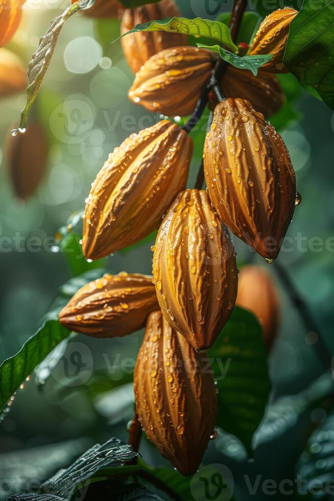 ai generiert Kakao Bohnen hängend auf Baum schließen oben foto