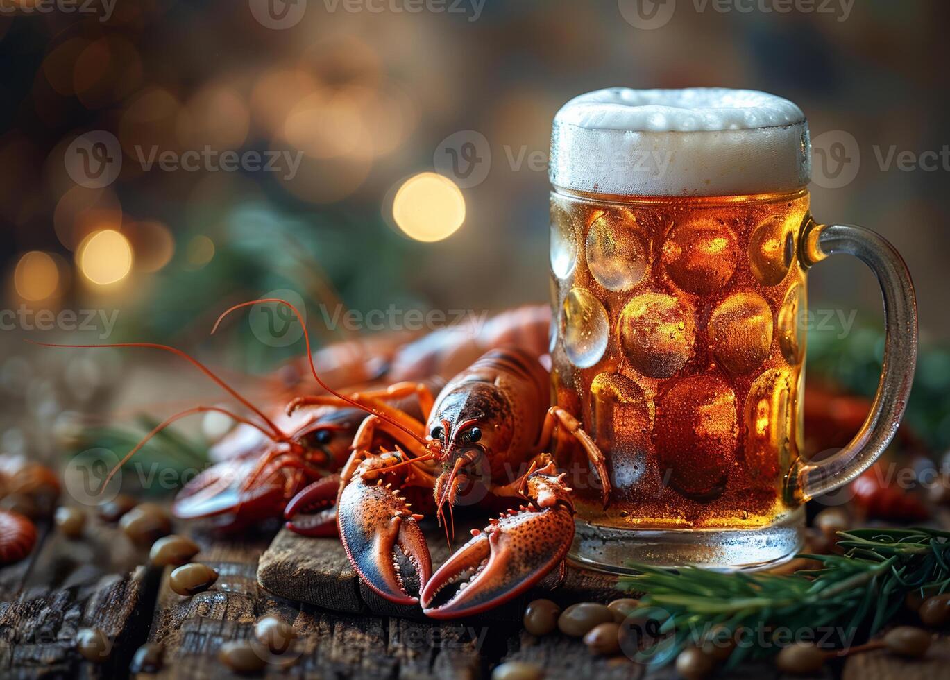ai generiert kalt Bier Glas mit Garnele und Flusskrebs auf hölzern Tabelle foto