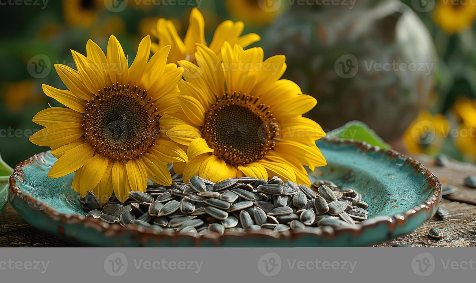ai generiert Sonnenblumen und Sonnenblume Saat im Schüssel foto