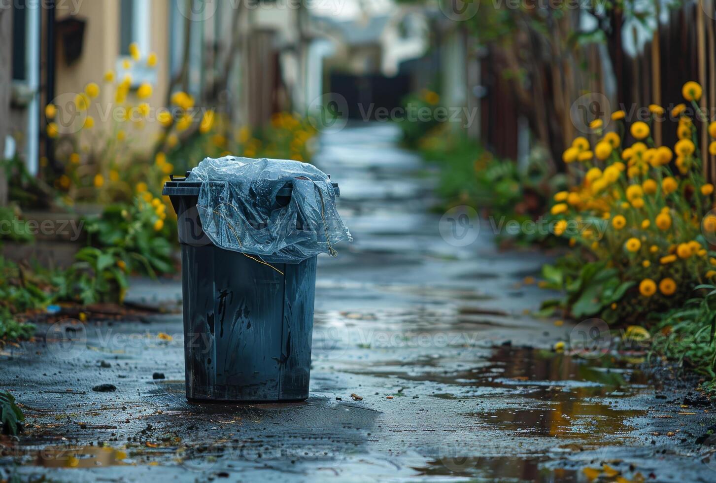 ai generiert Müll können ist bedeckt mit Plastik Tasche auf nass Straße mit Gelb Blumen und Häuser im das Hintergrund foto