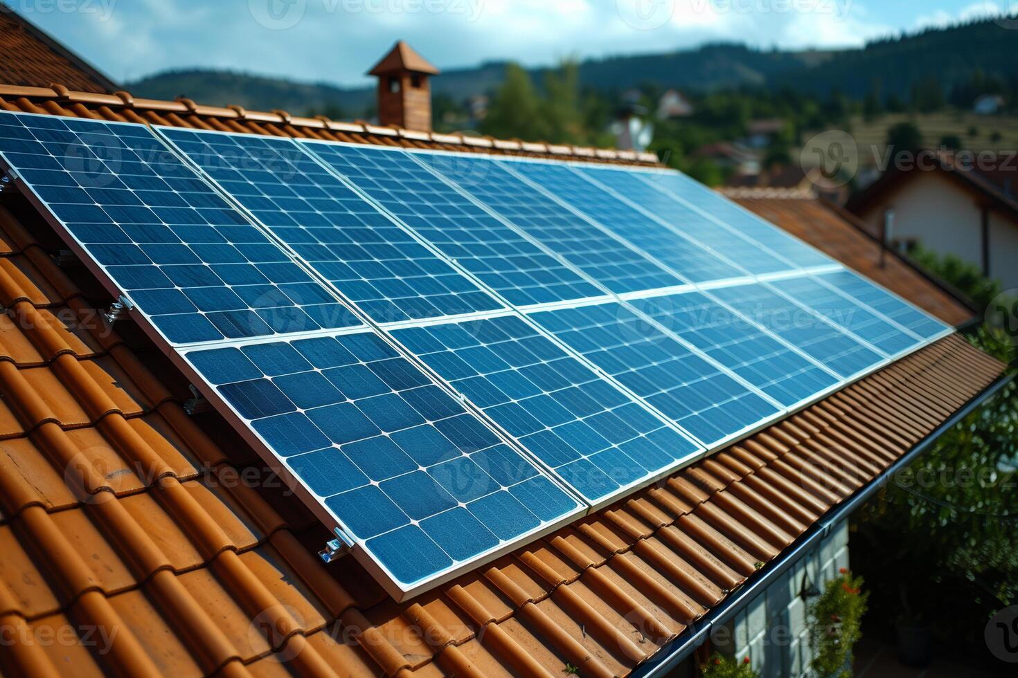 ai generiert Solar- Paneele auf Dach. Photovoltaik System auf das Dach foto