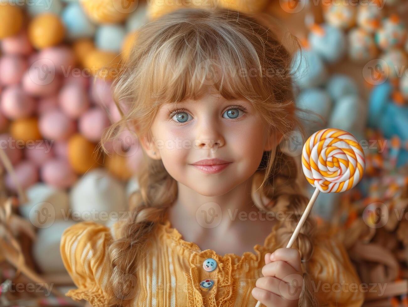 ai generiert wenig Mädchen hält groß Süßigkeiten im ihr Hände und lächelt. foto