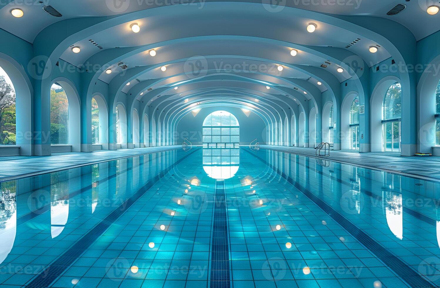 ai generiert Innen- Schwimmen Schwimmbad mit Glas Unterseite foto