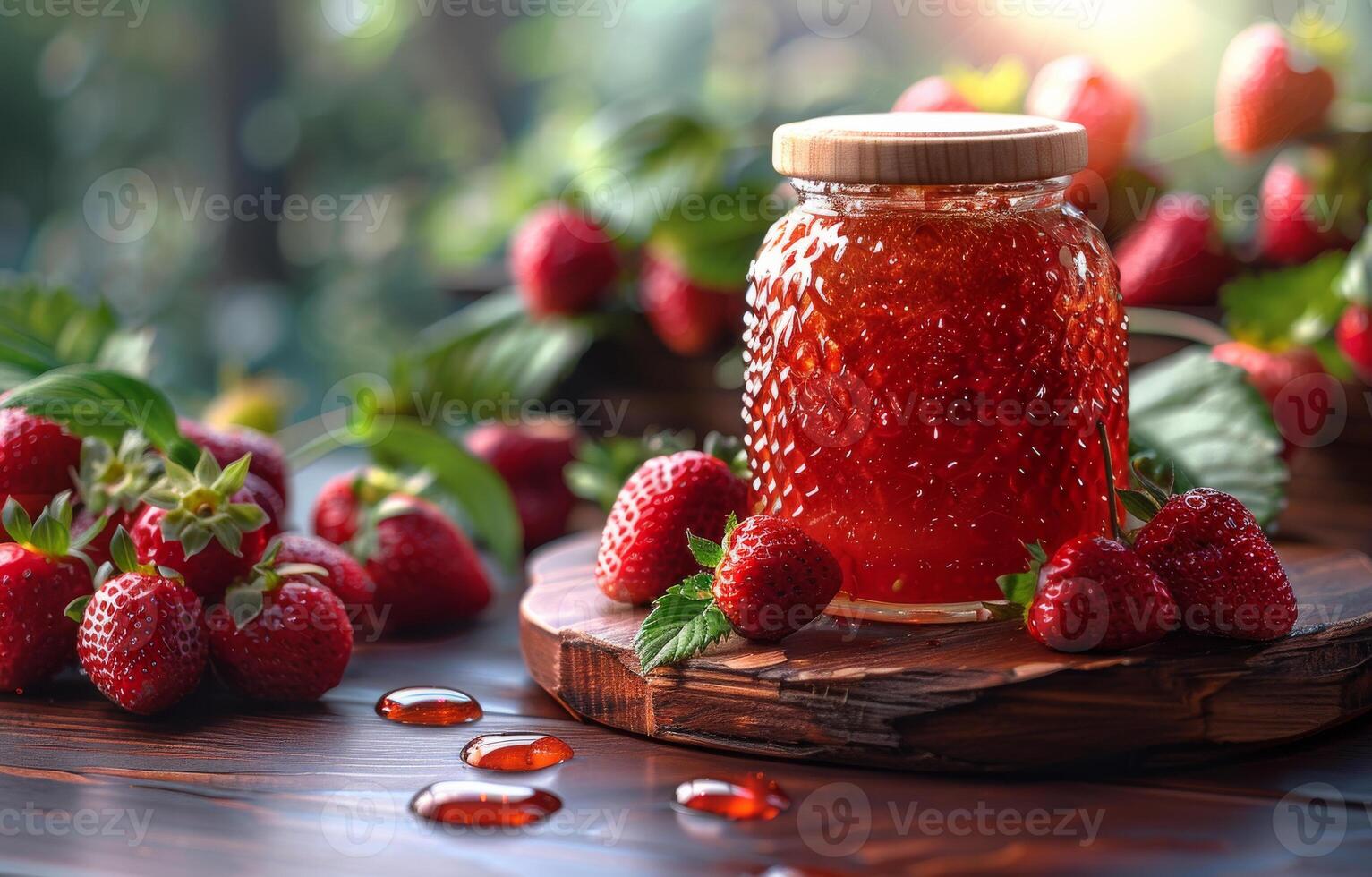 ai generiert Krug von Erdbeere Marmelade auf hölzern Tabelle foto