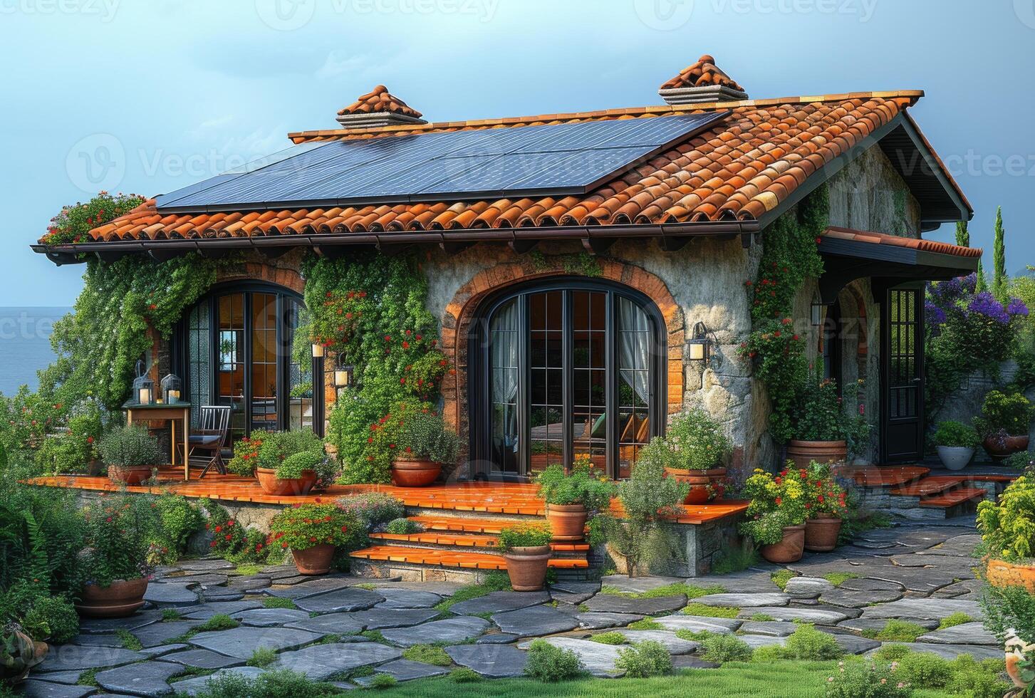 ai generiert Solar- Paneele auf das Dach von das Haus foto