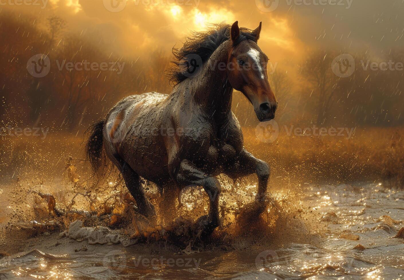 ai generiert Pferd Laufen im das Wasser foto