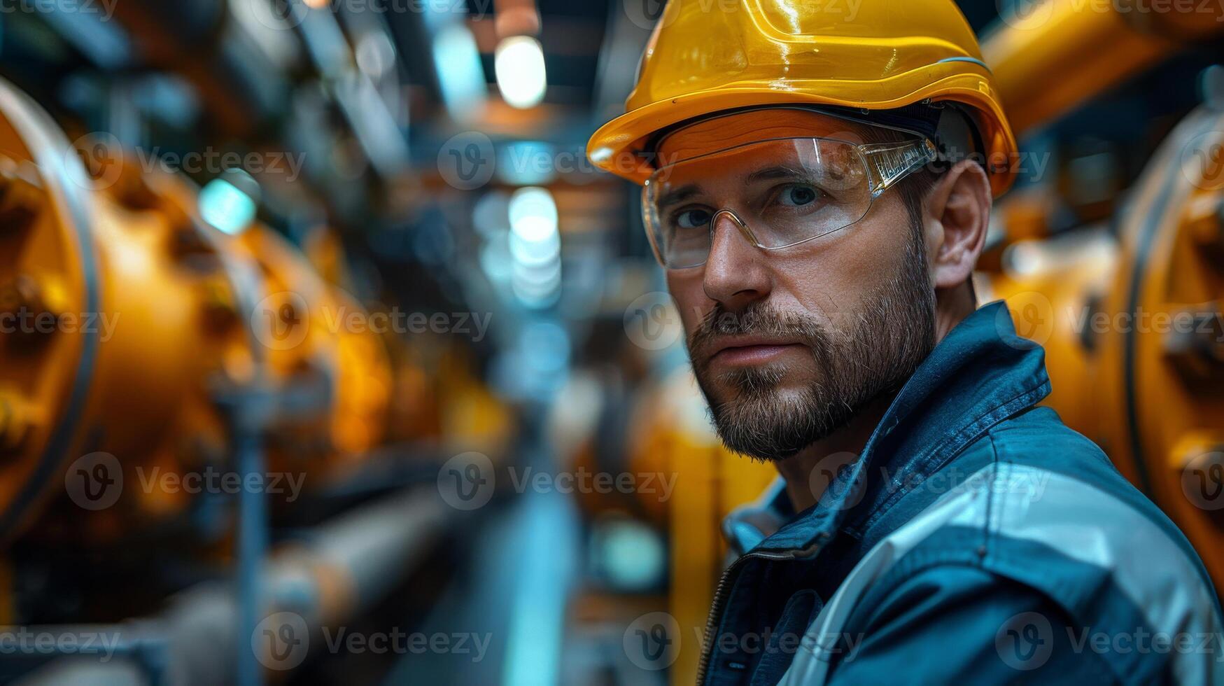 ai generiert Porträt von gut aussehend Ingenieur im schützend Brille und Helm foto