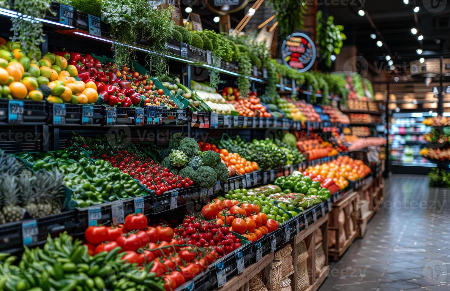 ai generiert Lebensmittelgeschäft Geschäft produzieren Gang mit groß Auswahl von frisch Gemüse und Früchte foto