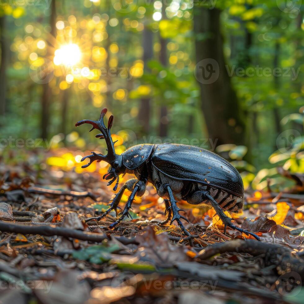 ai generiert groß männlich Hirsch Käfer kriecht Über das Wald Fußboden im das früh Morgen Licht. foto
