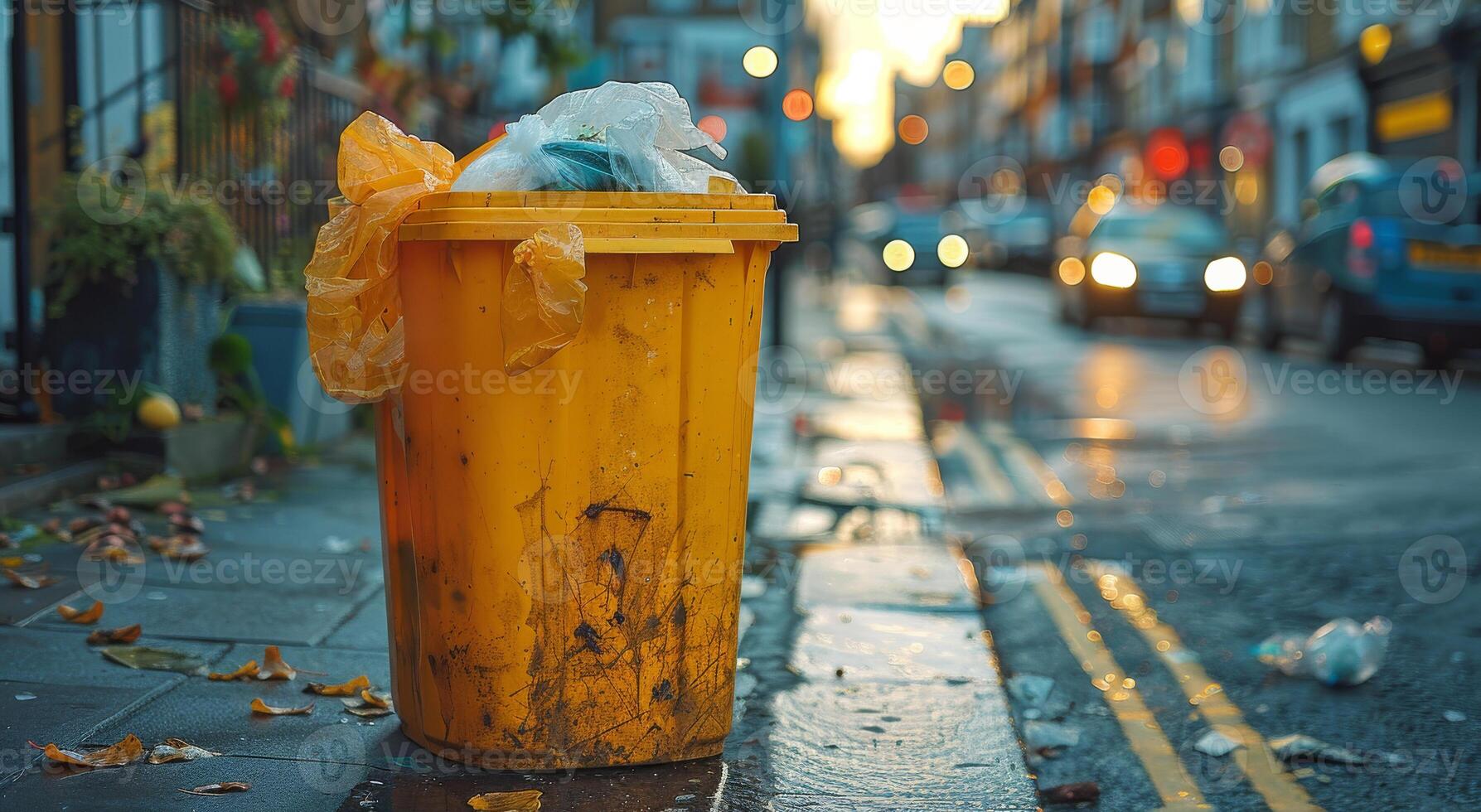 ai generiert Gelb Behälter überfüllt mit Müll auf Straße foto
