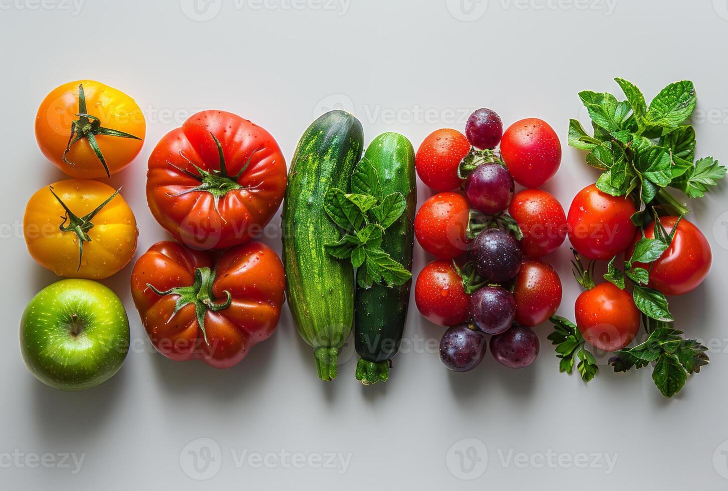 ai generiert frisch Gemüse und Früchte auf Weiß Hintergrund foto