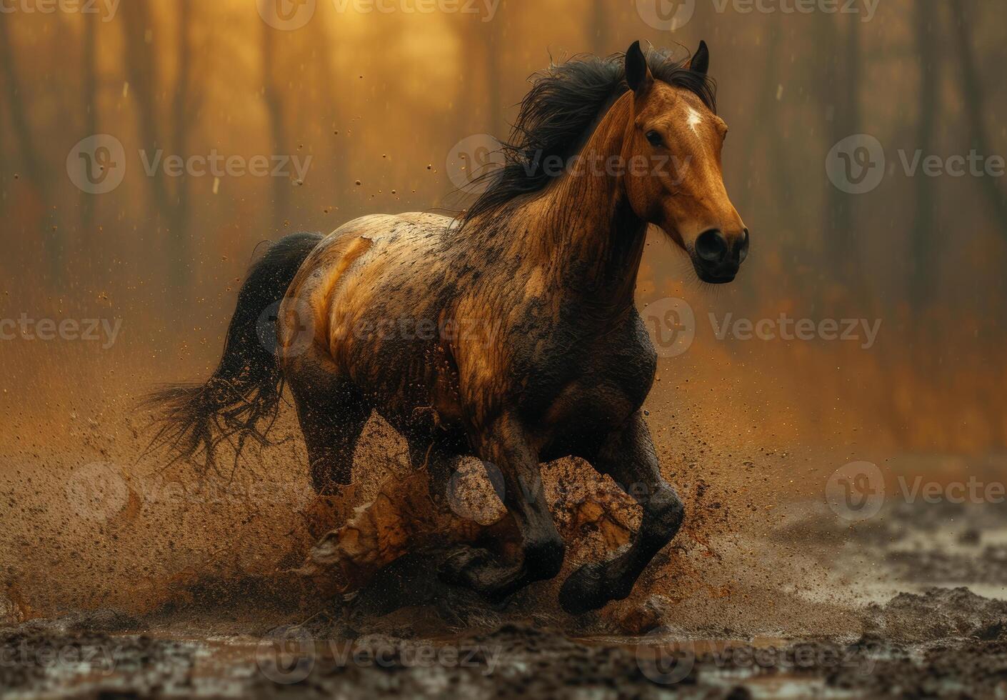 ai generiert schön stark Pferd läuft im das Wasser und spritzt fliegen von das Hufe. foto