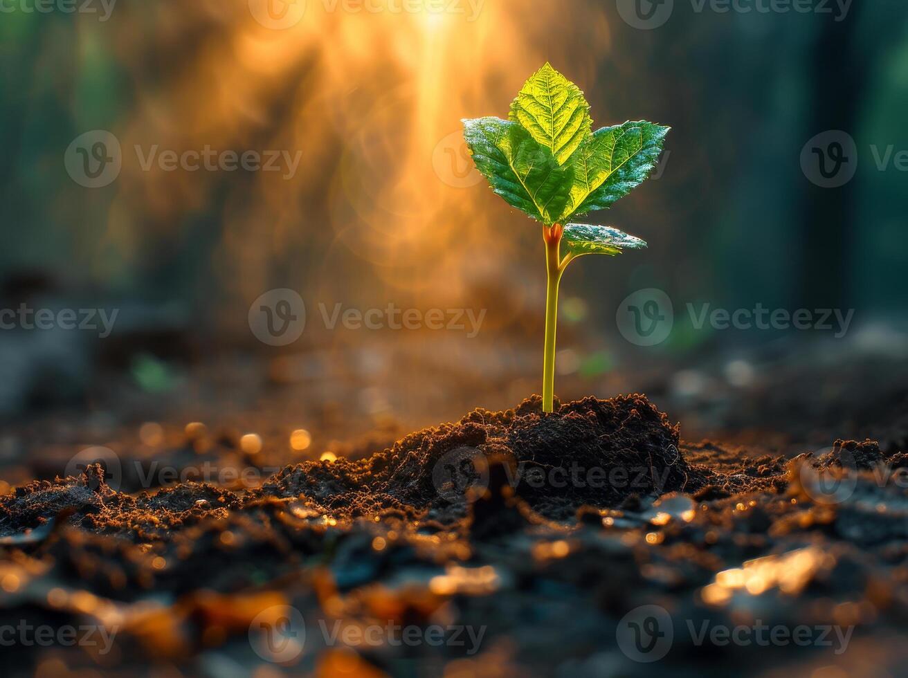 ai generiert jung Pflanze wachsend im das Morgen Licht und Sonnenstrahlen auf Natur Hintergrund foto