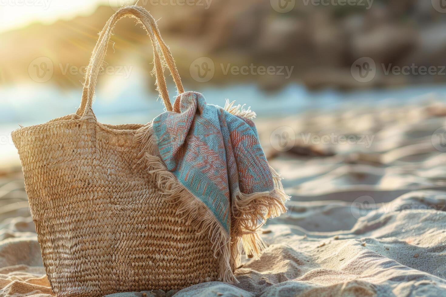ai generiert Sommer- Stimmung. Stroh Tasche auf sandig Strand. generativ ai foto