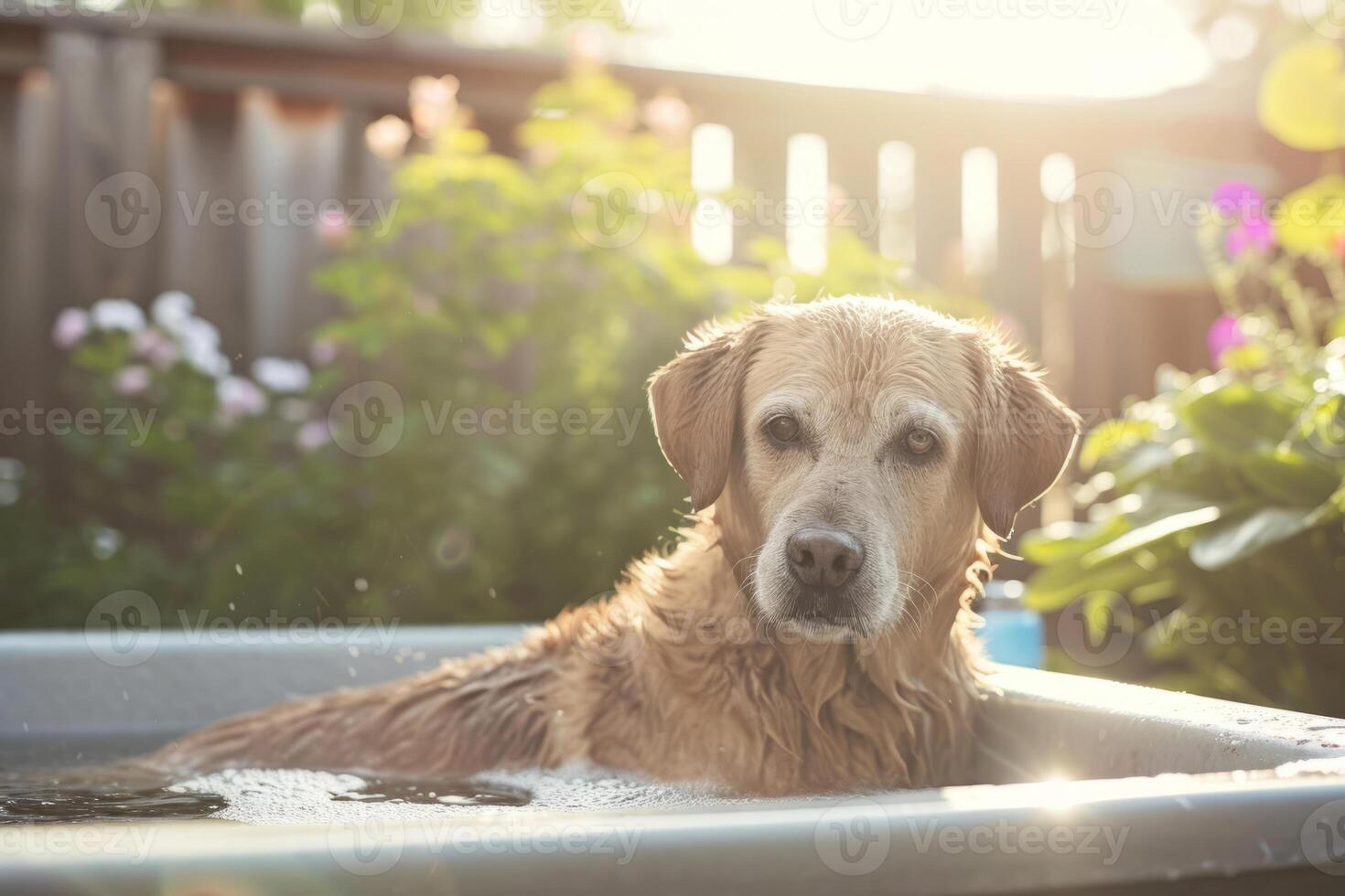 ai generiert Hund nehmen ein Bad im das Hinterhof. generativ ai foto