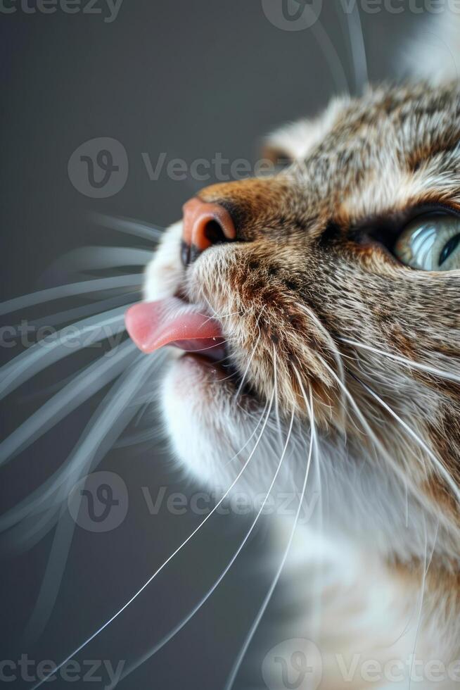 ai generiert schön flauschige Katze Lecken es ist Lippe. generativ ai foto