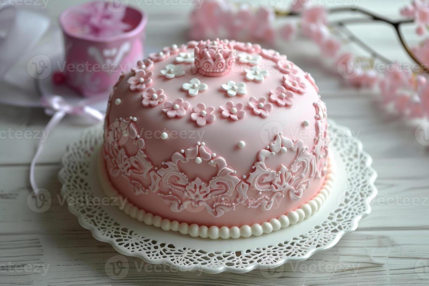 ai generiert süß Prinzessin thematisch Geburtstag Kuchen zum ein wenig Mädchen mit kompliziert Dekorationen. generativ ai foto