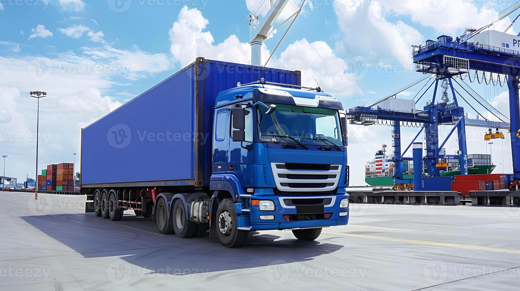 ai generiert LKW Anhänger auf das Seebrücke im das Ladung Hafen Terminal mit Kräne und Behälter. ai generiert foto