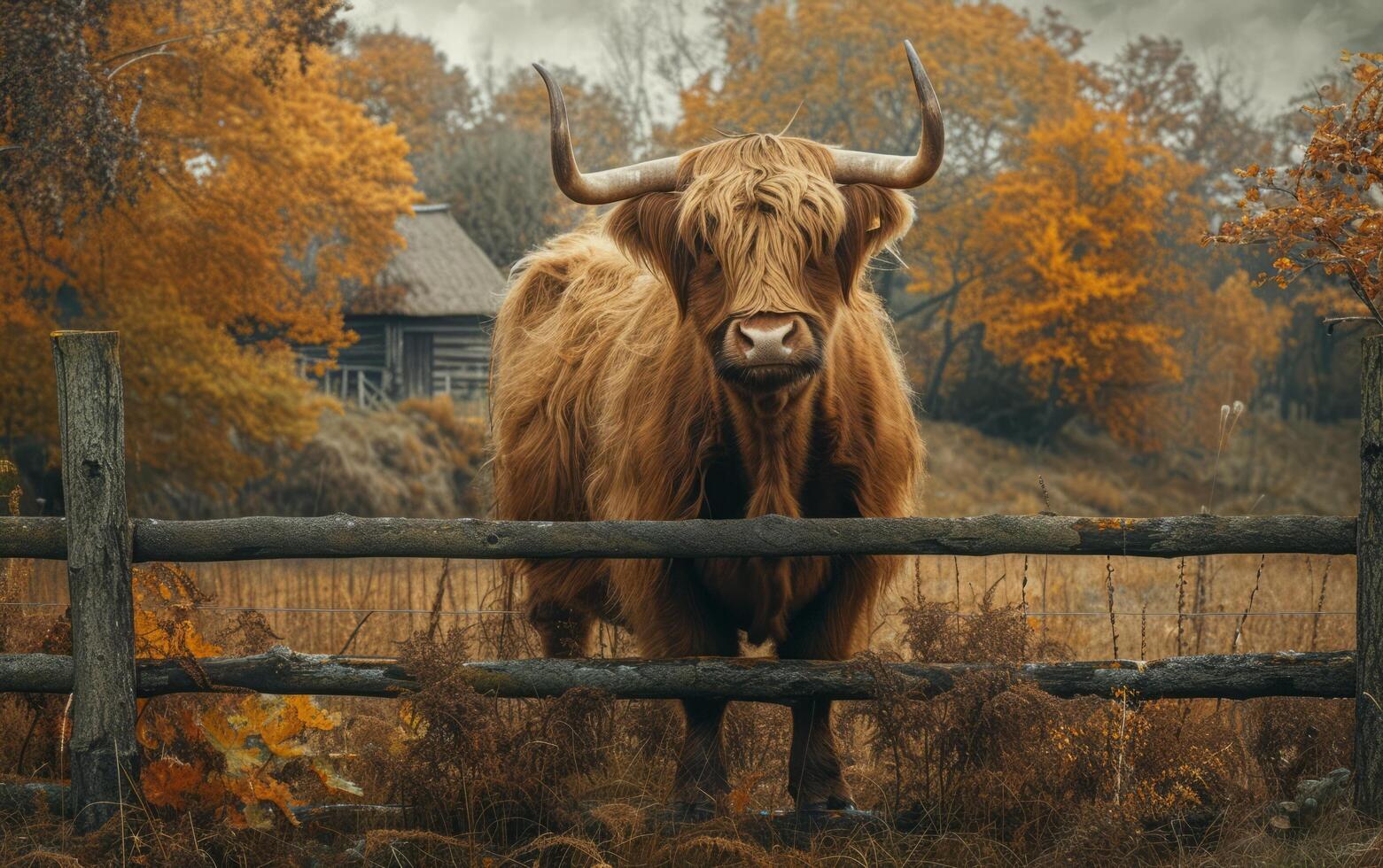 ai generiert Hochland das Vieh spähen Über das Barriere foto