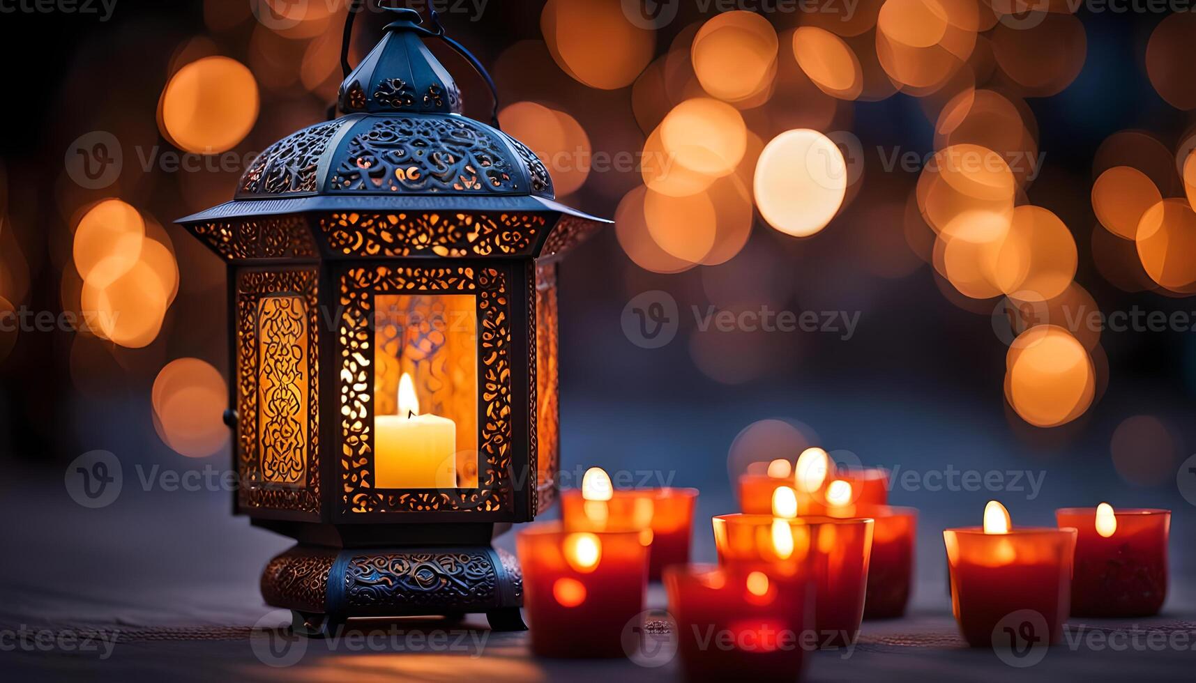 ai generiert Zier Arabisch Laterne mit Verbrennung Kerze glühend beim Nacht. foto