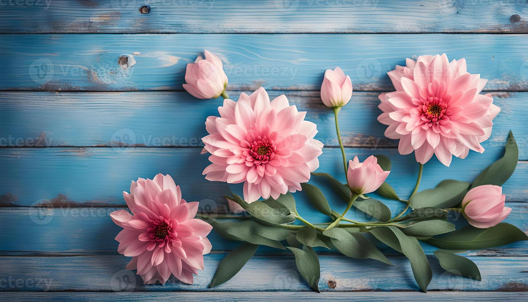 ai generiert schön Blumen auf Blau hölzern Hintergrund foto