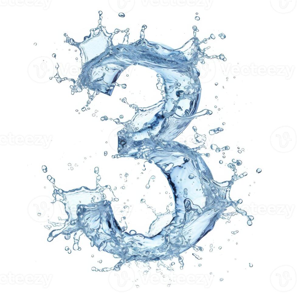 ai generiert Nummer 3 gemacht von Wasser Spritzer. Blau Wasser Spritzen Alphabet isoliert auf Weiß Hintergrund. stilisiert Schriftart, Hauptstadt Nummer 3. Wasser Spritzen Text, Brief 3. foto
