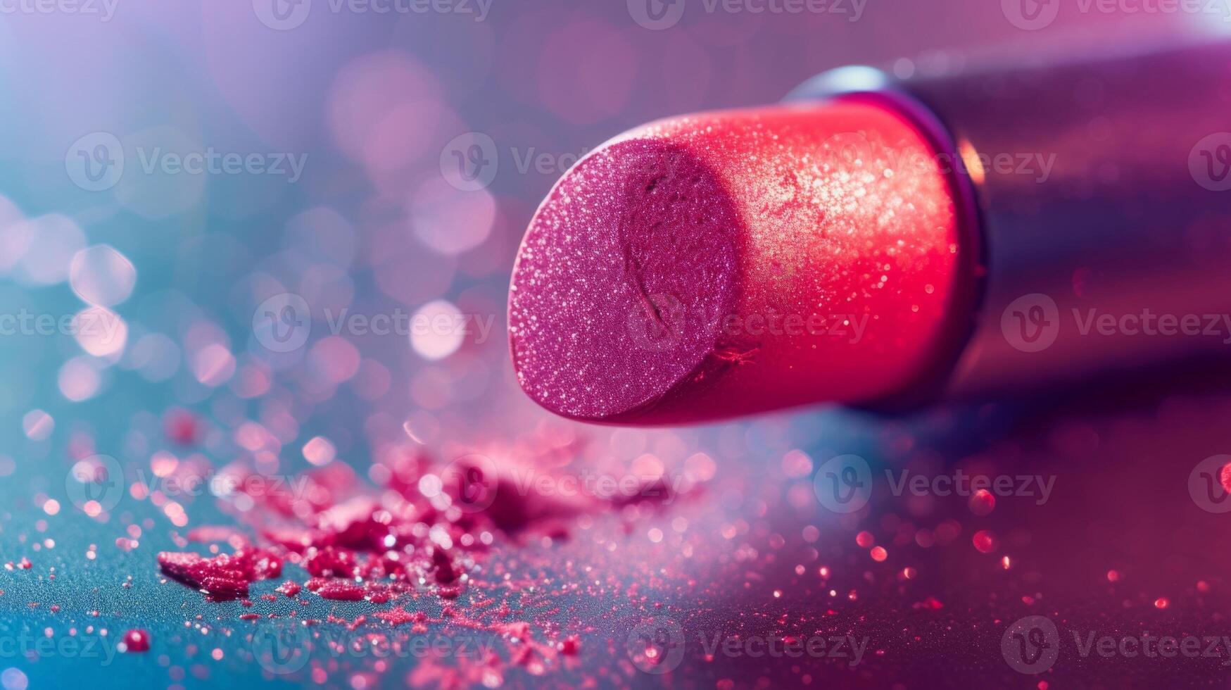 ai generiert Nahansicht von ein hell Rosa Lippenstift auf ein Blau Hintergrund mit funkelt foto