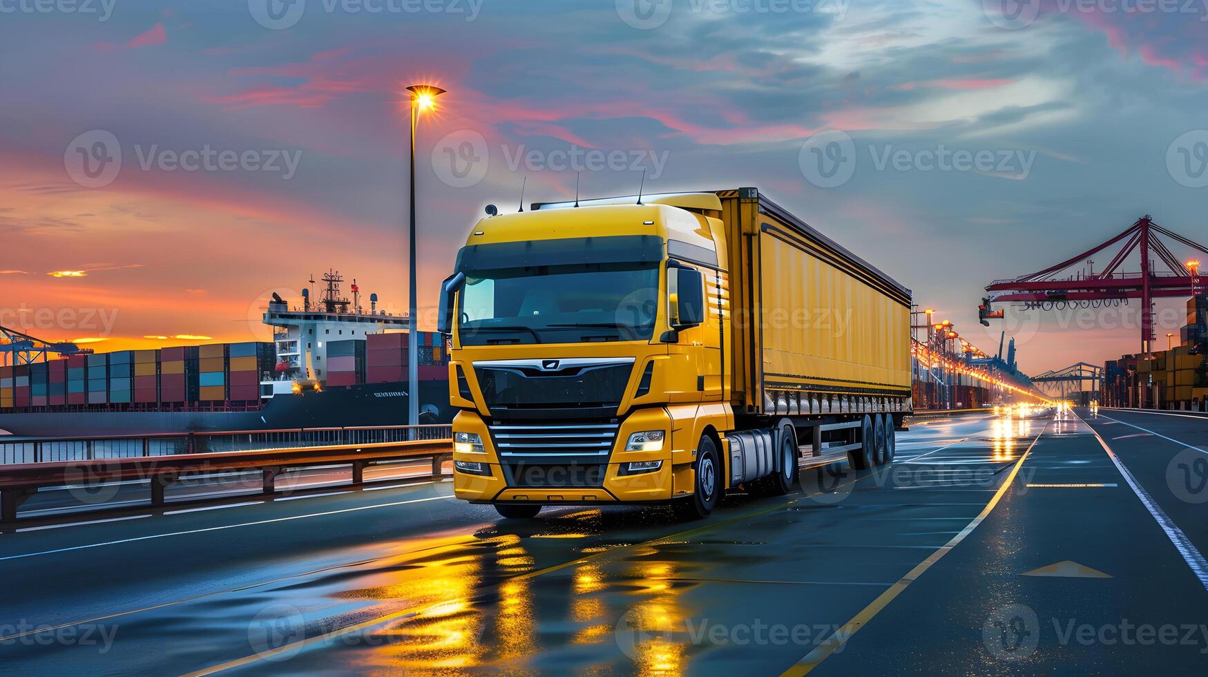 ai generiert LKW Anhänger auf das Seebrücke im das Ladung Hafen Terminal mit Kräne und Behälter. ai generiert foto