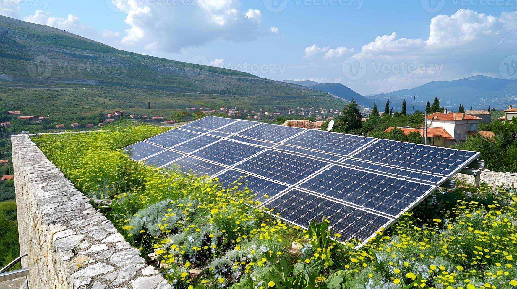 ai generiert Felder von Solar- Paneele und Systeme zu produzieren Grün Elektrizität. ai generiert foto